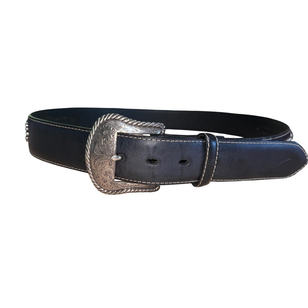 Nocona Black Leather Western Belt Silver Studded Star Concho Mens 36 N2470201 - Picture 3 of 6